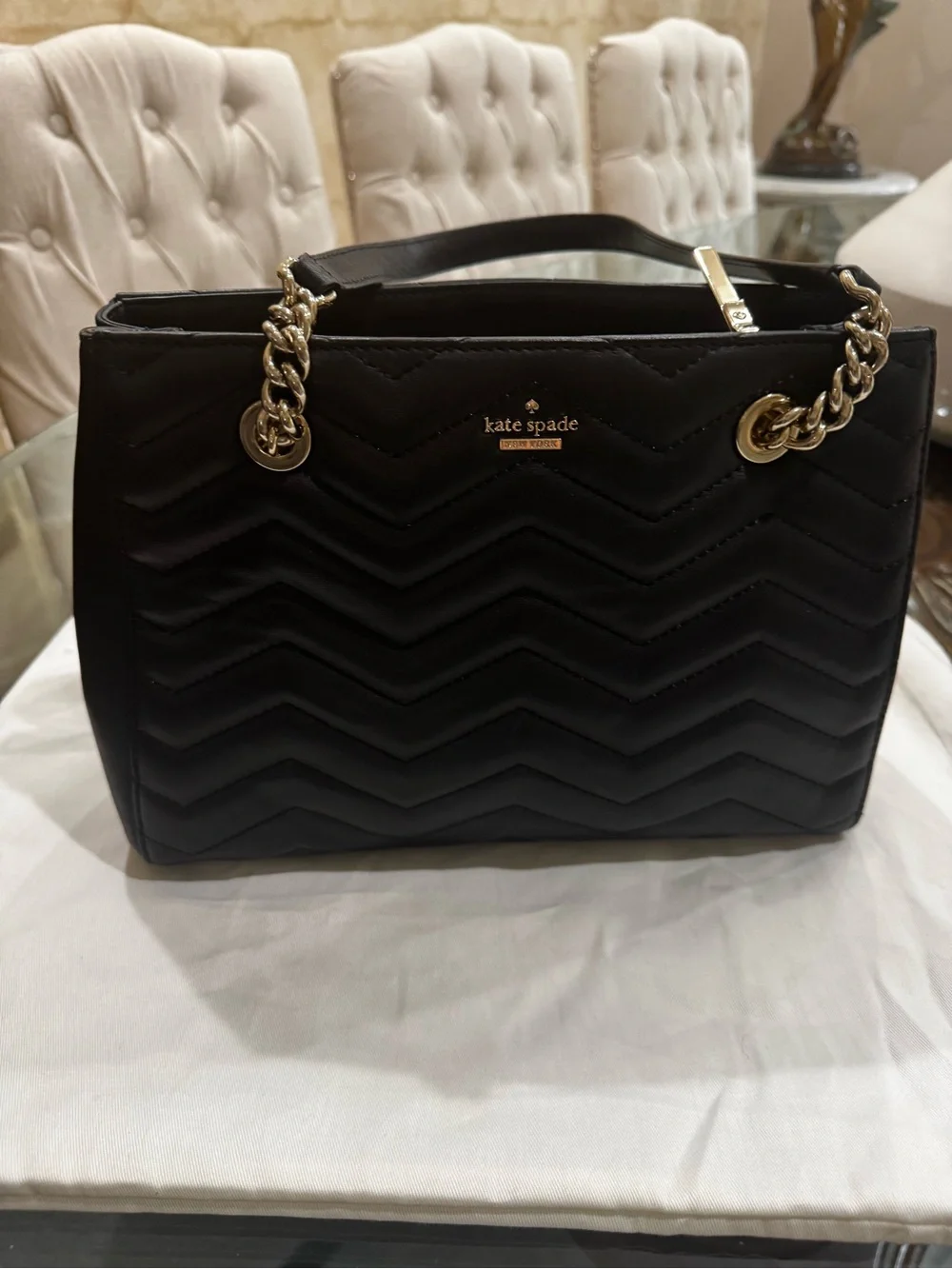 kate spade Black Quilted Chevron Shoulder Bag with Gold Chain Handles.